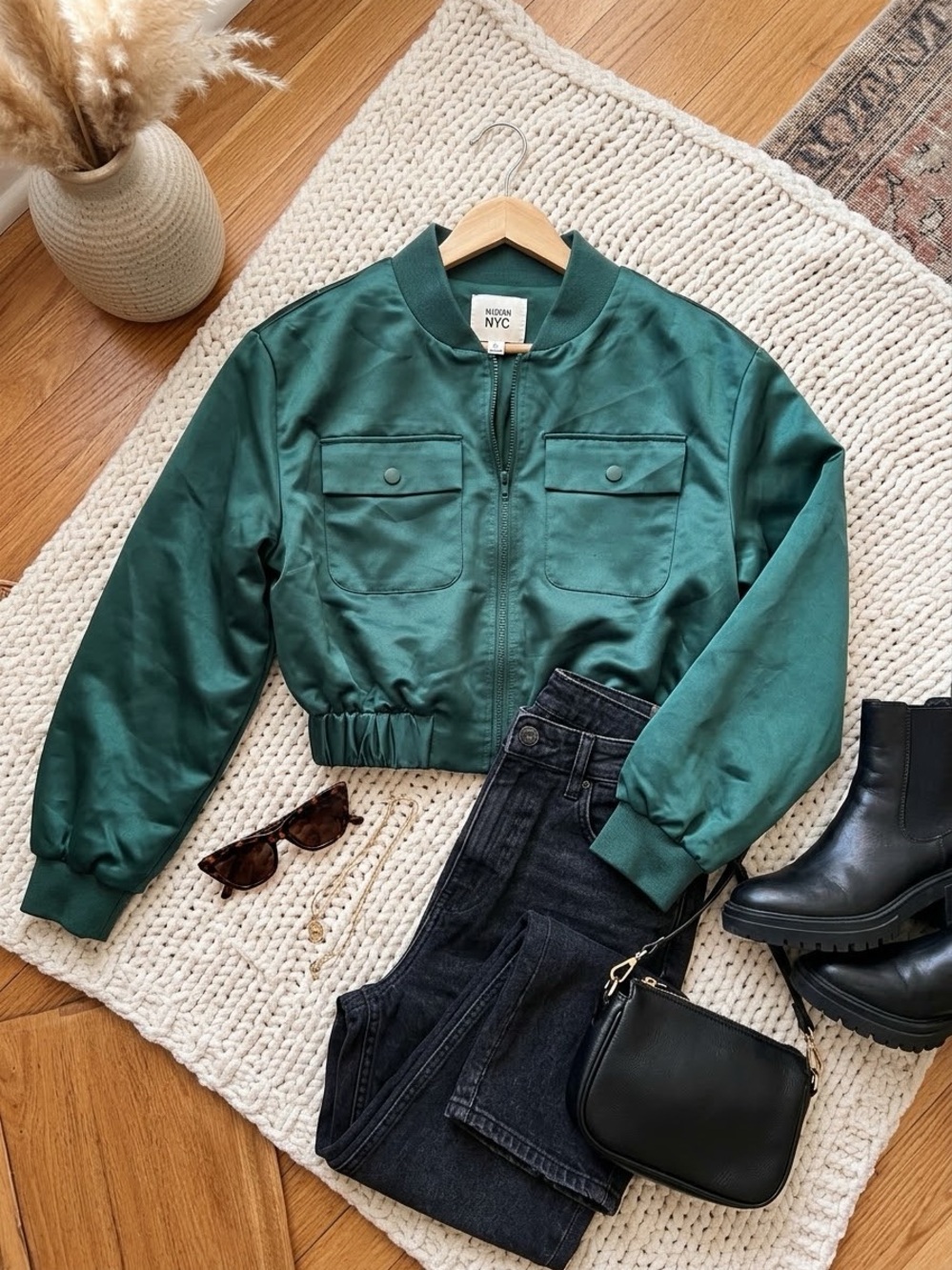 NYC Forest Green Cropped Bomber Jacket